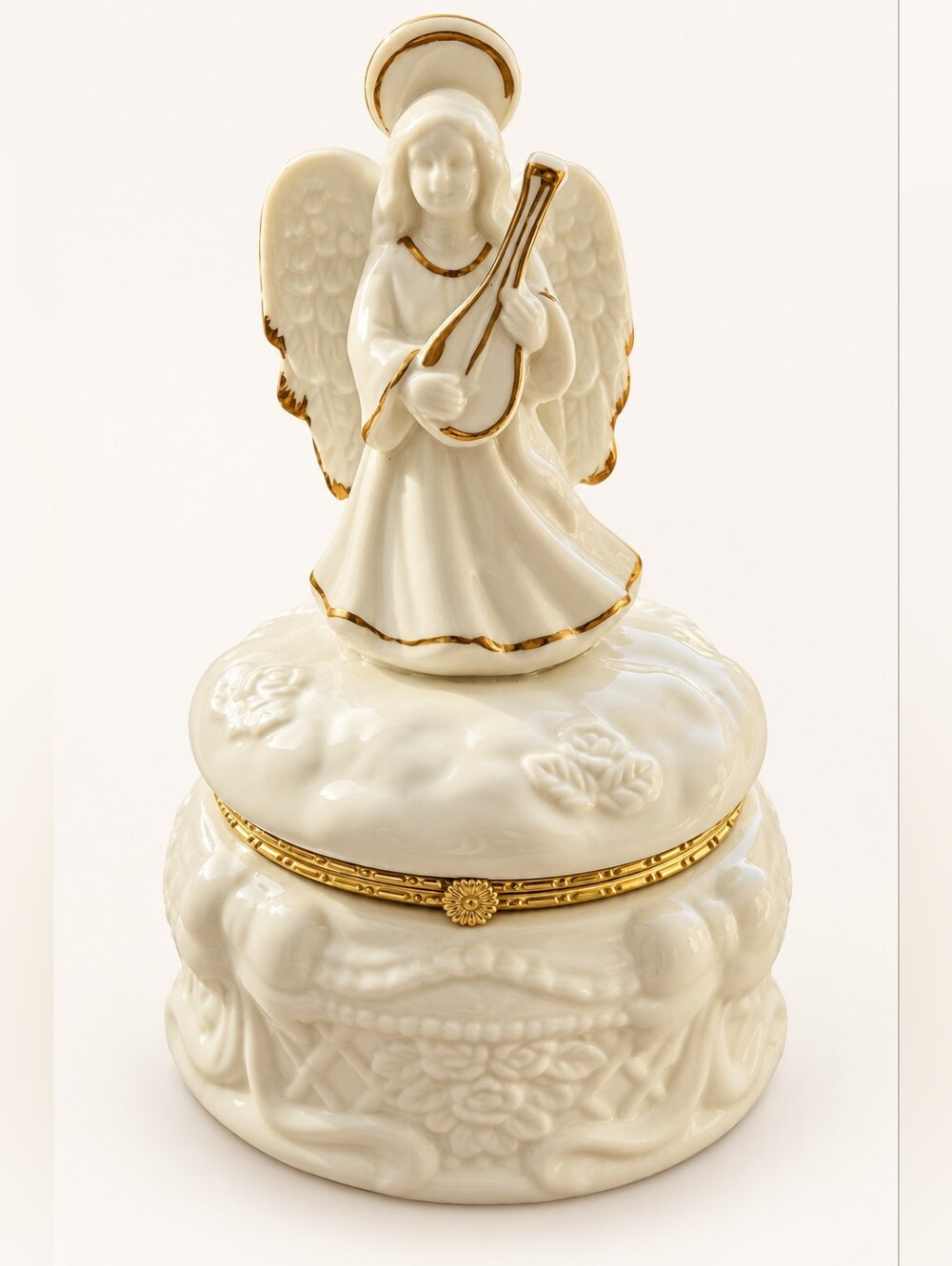 Vintage Porcelain Angel Trinket Box Gold Trim Hinged Jewelry Box Lute Mandolin
